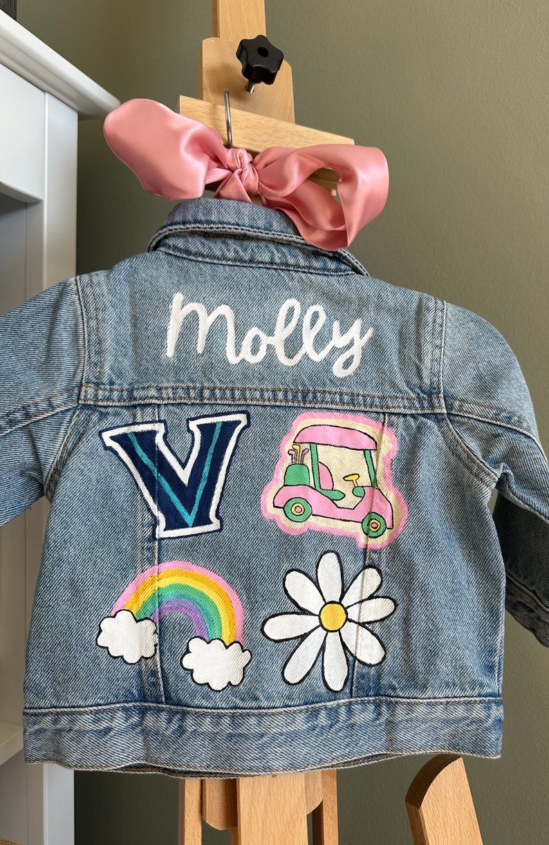 Custom Hand-Painted Baby and Toddler Jean Jacket Customizable Denim Gameday, Tailgate, Personalized Name, Flowers, Rainbow, Smiley image 5