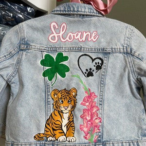 Custom Hand-Painted Baby and Toddler Jean Jacket Customizable Denim Gameday, Tailgate, Personalized Name, Flowers, Rainbow, Smiley image 4
