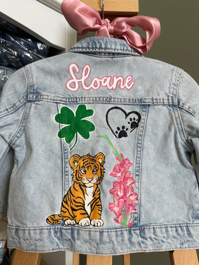 Custom Hand-Painted Baby and Toddler Jean Jacket Customizable Denim Gameday, Tailgate, Personalized Name, Flowers, Rainbow, Smiley image 4