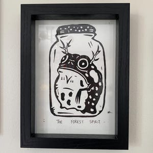 The Forest Spirit, Linocut frog print, Goblincore decor, Mystical cryptid forest creature print, handmade gothic wall decor