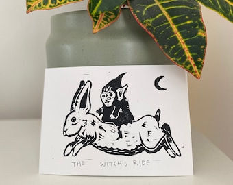 The Witch's Ride, Witchy Art, Occult Art, Rabbit Art, Linocut, Printmaking, Weird Art, Wall Hanging, Unique Wall Art, Living Room Art