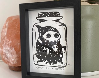 Ghost In A Bottle, Ghost Print, Home Decor, Poe, Wall Decor, Occult Art, Ghost Art, Cute and Creepy, Weird Art,  Linocut, Printmaking.