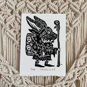 The Traveller, Travel Art Print, Rabbit Art, Linocut Printmaking, Black and White Print, Year of the Rabbit Art, Unique Wall Art