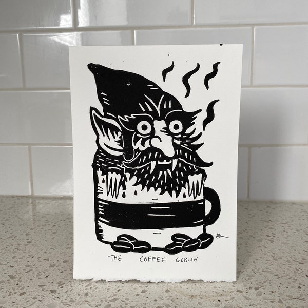 The Coffee Goblin, Kitchen Print, Coffee Art, Weird Wall Art, Linocut Print, Printmaking