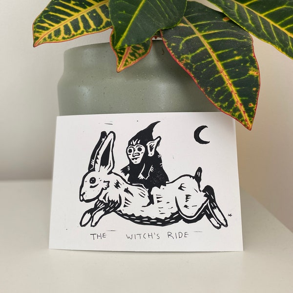 The Witch's Ride, Witchy Art, Occult Art, Rabbit Art, Linocut, Printmaking, Weird Art, Wall Hanging, Unique Wall Art, Living Room Art