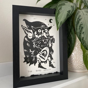 Der Barde Goblin, Laute, Gitarre, DND Charakter inspiriert, Wandkunst, Okkulte Kunst, Lagerfeuer Kunst, Hüttenkunst, Spielkunst, Musikdruck, Druckgrafik