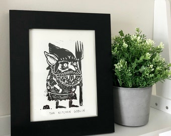 The Kitchen Goblin, Goblin Print, Kitchen Print, Weird Wall Art, Occult Wall Art, Linoprint, Troll Art, Elf Art, Goblin Art