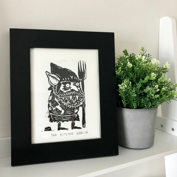 The Kitchen Goblin, Goblin Print, Kitchen Print, Weird Wall Art, Occult Wall Art, Linoprint, Troll Art, Elf Art, Goblin Art