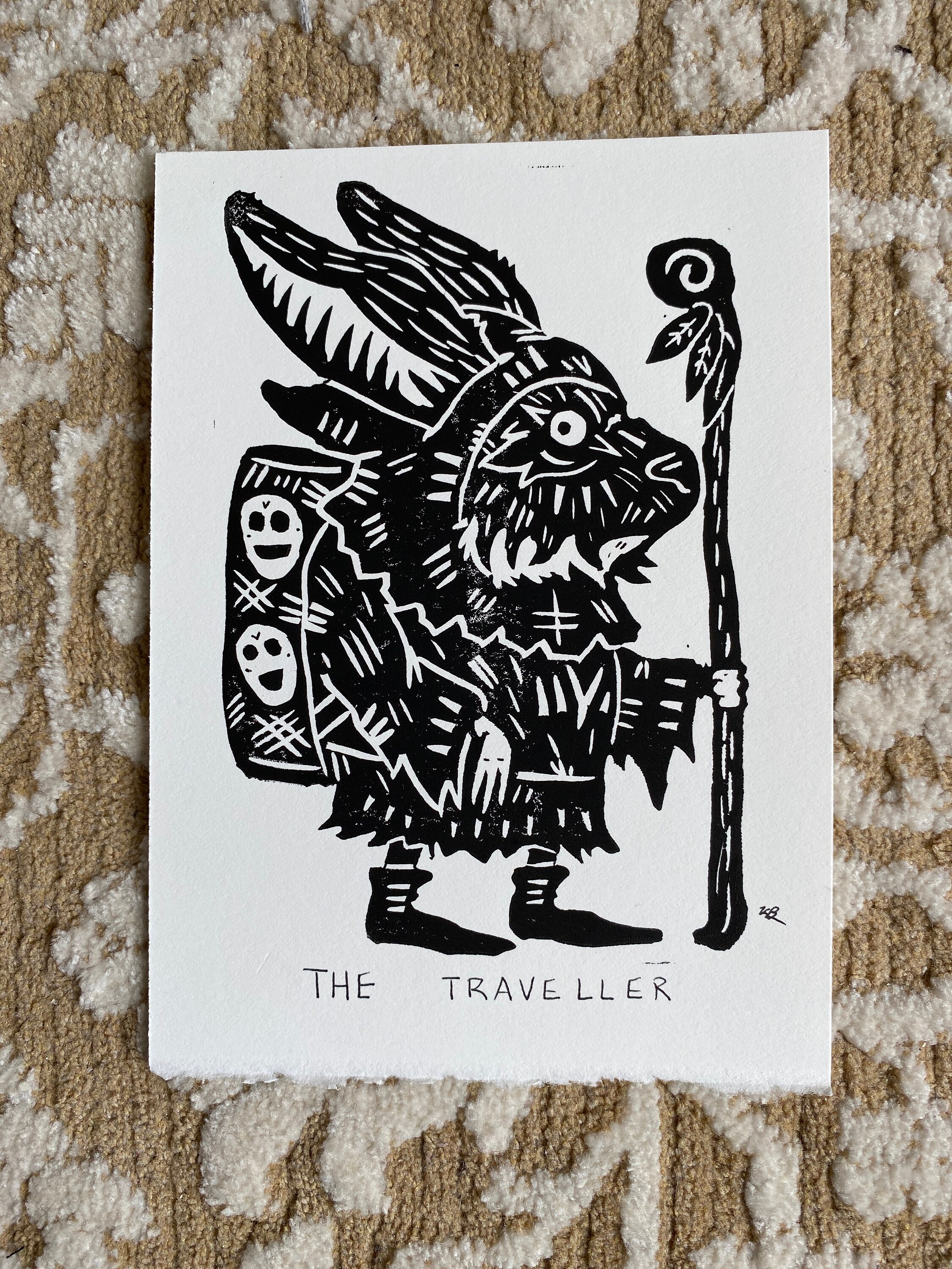 The Traveller, Travel Art Print, Rabbit Art, Linocut Printmaking, Black ...