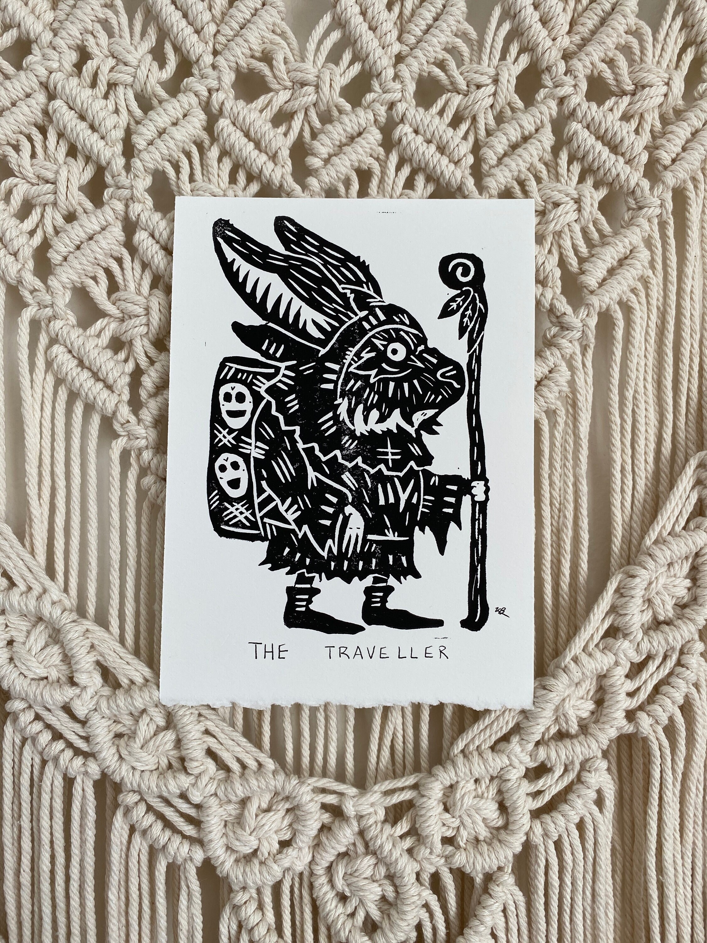 The Traveller, Travel Art Print, Rabbit Art, Linocut Printmaking, Black ...
