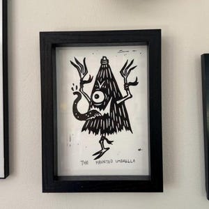 The Haunted Umbrella, Japanese Inspired Yokai Print, Kasa-Obake Linocut Print, Folklore Wall Art, Weird and Spooky Wall Decor
