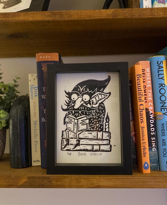 The Book Goblin, Book Art, Library Art, Book Print, Weird Wall Art, Linoprint, Goblin Art