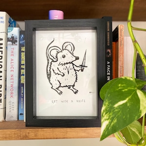 Rat With A Knife, Linocut Print, Handmade Gothic, Goblincore, and Witchy Wall Art