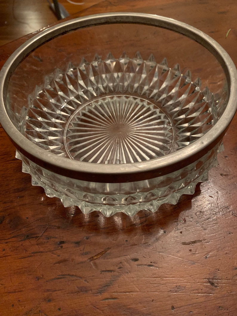MidCentury CutGlass Silver Rimmed Antique Serving Bowl Etsy