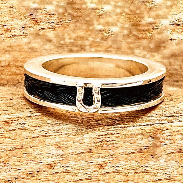 Custom Sterling Silver Horsehair Ring with Horseshoe Centerpiece, Custom Horsehair Ring, Horse Memorial, Equestrian Gift