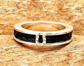 Custom Sterling Silver Inlaid Horse Hair Ring with Horseshoe Centerpiece