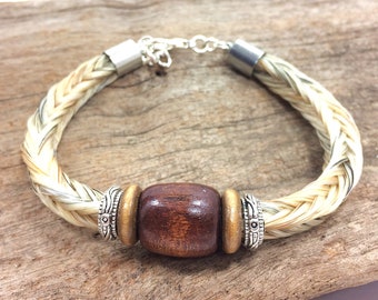 Horsehair Bracelet with Wood & Silver Pewter Beads, Equestrian Jewelry