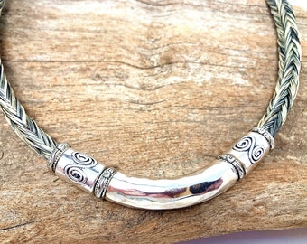 Custom Horse Hair Necklace with Silver Pewter Hammered Centerpiece Memorial