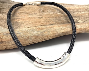 Custom Horse Hair Necklace with Silver Pewter Hammered Tube Centerpiece