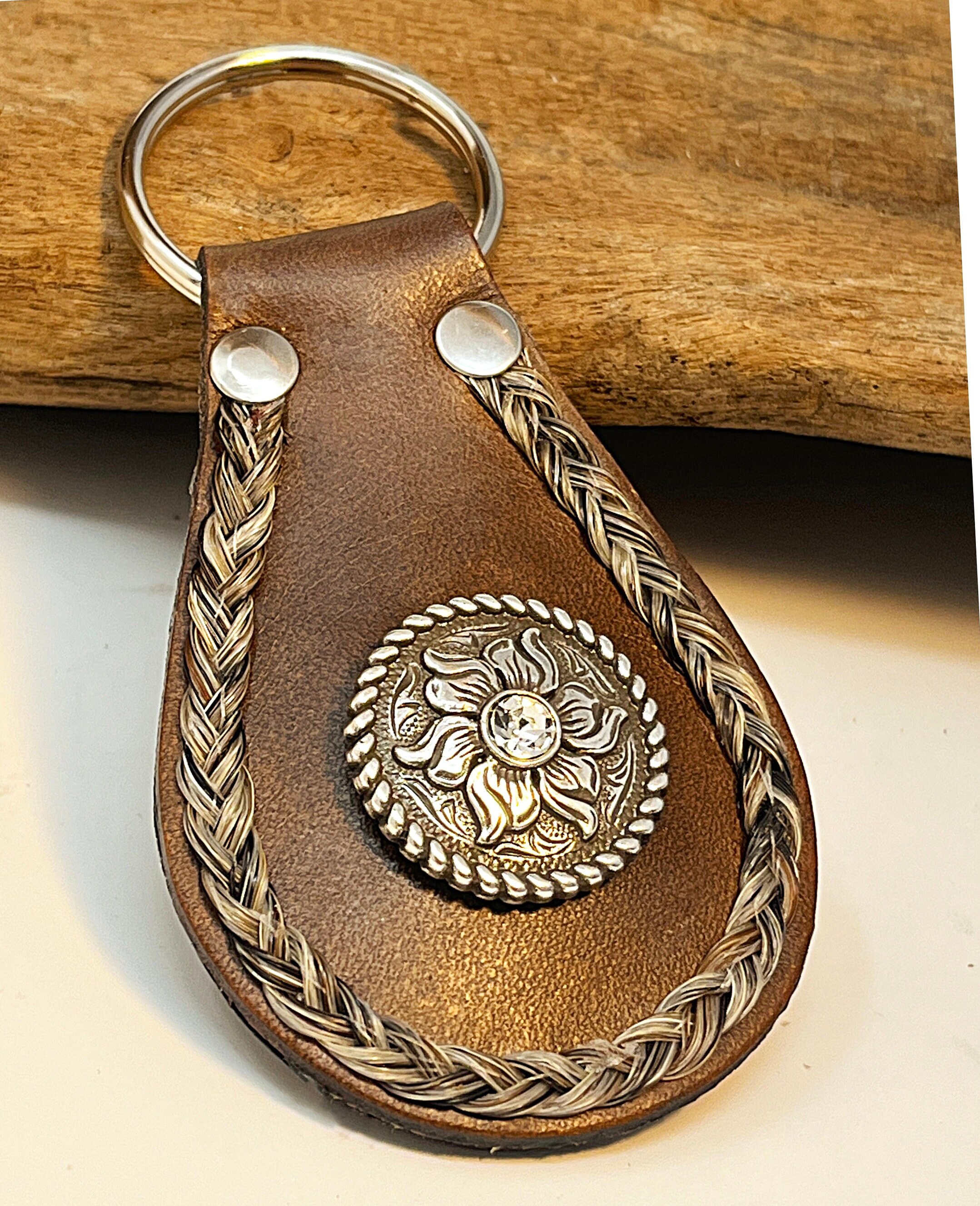 Custom Leather Horsehair Keychain With Crystal Concho Horse Etsy