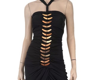 Vintage 2004 GUCCI x Tom Ford sz 42 Black Silk Midi Dress with Gold Fin Hardware