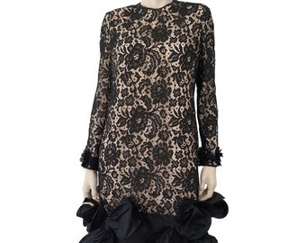 Vintage William Pearson Black Lace Cocktail Dress: Bow Trim, Size 12