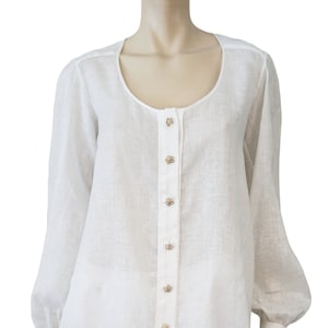 Vintage Lou Lou DE LA FALAISE Bishop Manga Blanco Lino Botón Blusa Camisa Fr 40 Us 8