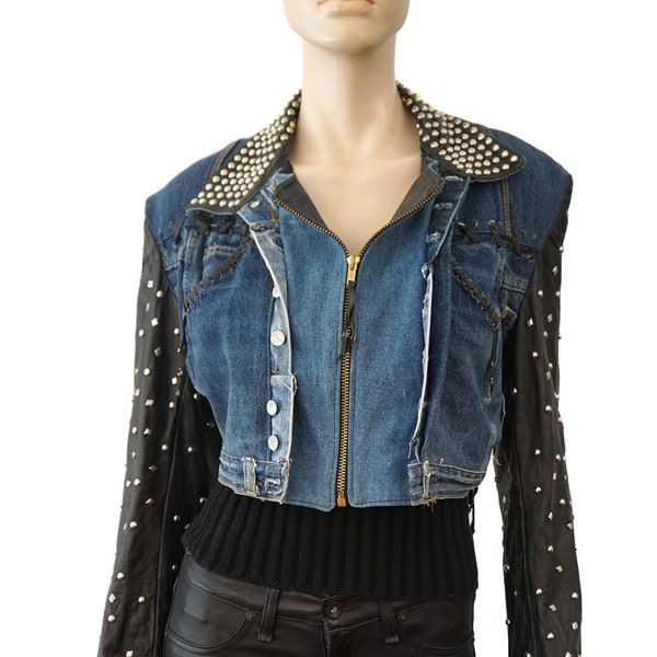 Vintage 80s Los Angeles ARTISAN CRAFTED Upcycled Levi's Jeans Studded Black Leather  Patchwork Motorcycle Biker Jacket L