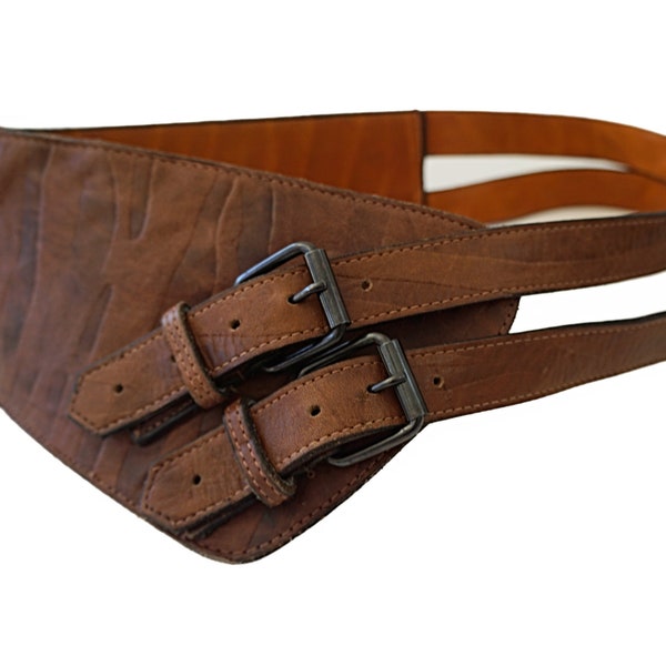 Vintage 80s Embossed Brown Leather Asymmetric Double Buckle Waist Belt S/M