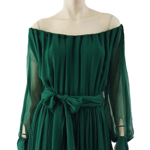 VALOIS VINTAGE PARIS Couture Gown Tiered Pleated Off-the-Shoulder Jade Silk Chiffon Gown L