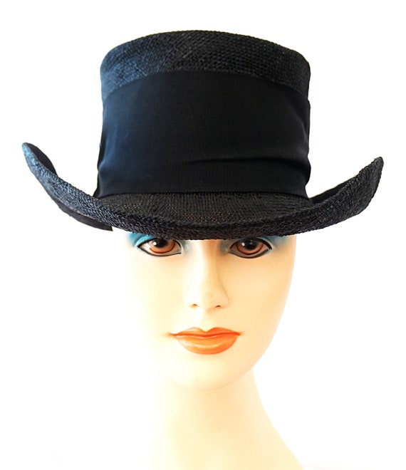 Vintage ERIC JAVITS Open Weave Black Straw Hat wi… - image 1