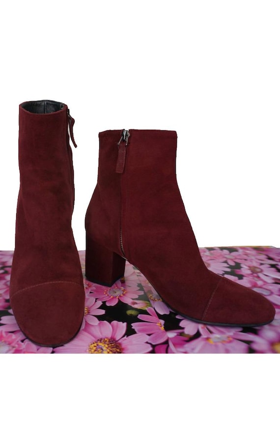 BARNEYS NEW YORK Sz 37.5 Burgundy Suede Cap Toe Ankle Boots  display picture 3