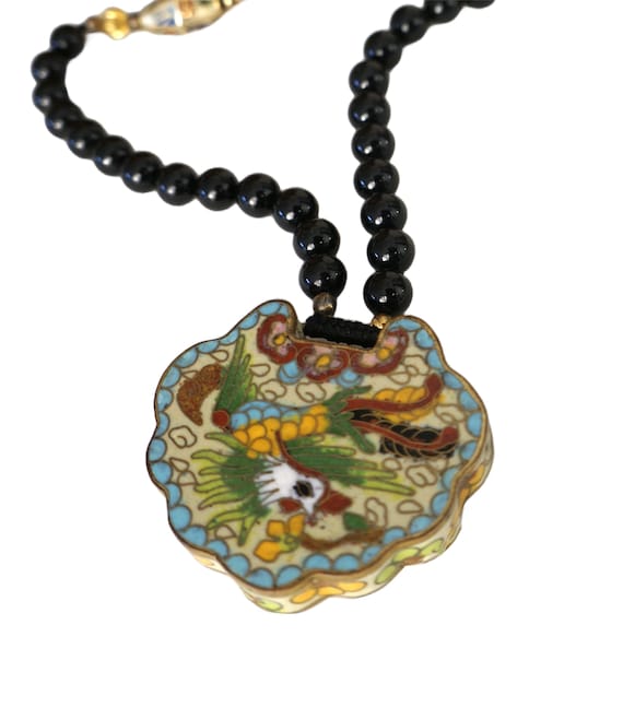 Exquisite DRAGON CLOISONNE PENDANT Necklace Chinese Jewelry Handmade Black Stone Cloisonne Beads