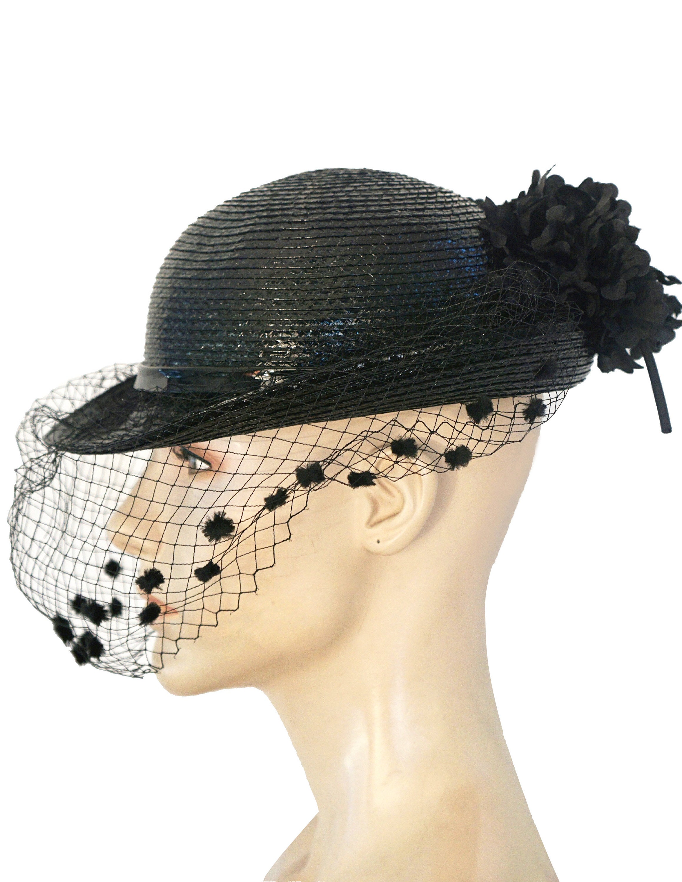 Vintage ADOLFO II Woven Black Straw Derby Hat With Flowers
