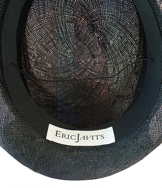 Vintage ERIC JAVITS Open Weave Black Straw Hat wi… - image 4