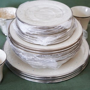 May include: A stack of white ceramic dinner plates with a silver rim and a floral pattern. The plates are wrapped in plastic.