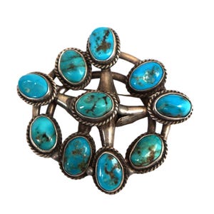 Rare OLD PAWN Glen Willie NAVAJO Turquoise Silver Cluster Brooch Pin-Pendant 25 gr