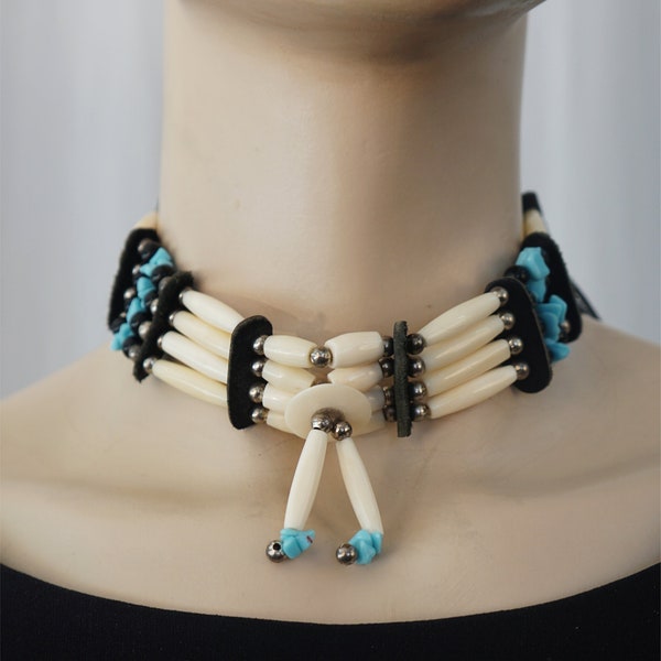 NATIVE INDIAN CRAFTED Traditional 4 Row Buffalo Bone Hairpipe Bead Turquoise Hematite Nickel Tribal Choker Necklace