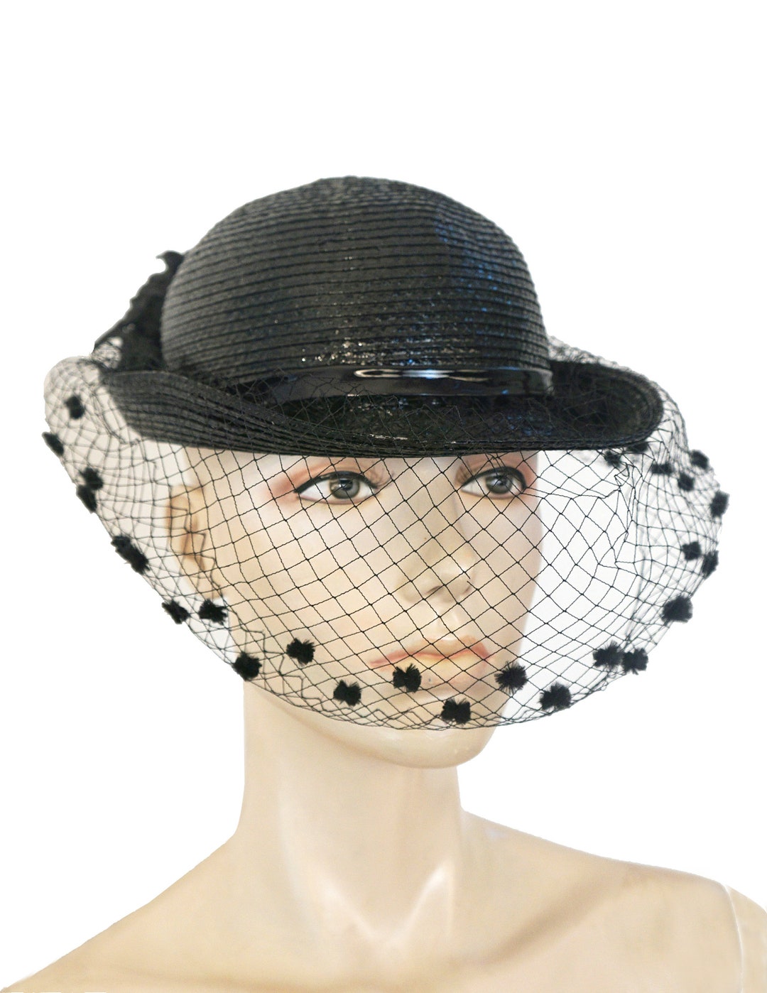 Vintage Adolfo II Straw Sun Hat Wide Brim 1970s Derby Garden Hat Adolfo II Vintage Wide Brim Straw Hat: Red, Black & White  main image 2