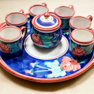 Ceramic ASSUNTA Vietri Hand Painted 9-Piece Espresso Service - Platter, 6 Cups, and a Sugar Bowl - Made in Positano, Italy