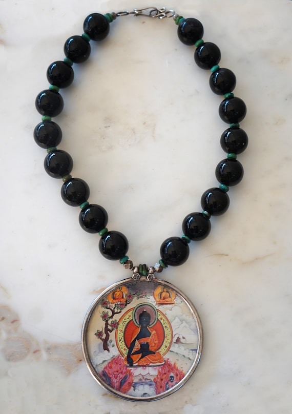 VINTAGE Black Onyx and Turquoise Bead Hand Painted