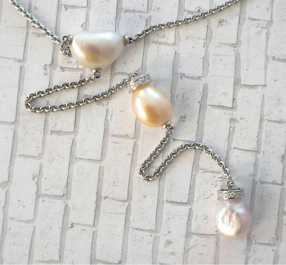 BUNDA Fine Jewelry 18K Rare Keishi and Baroque PEARL and DIAMOND Lariat Necklace