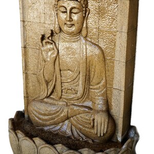 May include: A beige Buddha fountain with a serene seated figure in a lotus position. The fountain features a textured backdrop and a lotus-shaped basin. The water feature is designed for indoor or outdoor use.