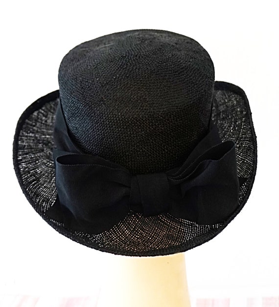 Vintage ERIC JAVITS Open Weave Black Straw Hat wi… - image 2