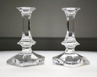 Pair of Signed Vintage Val St Lambert Elysee Crystal Glass Candle Holders 7”
