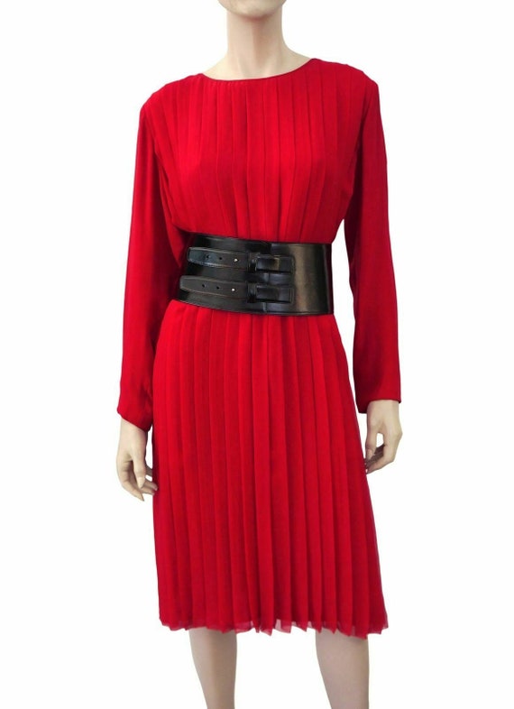 GALANOS for Amen Wardy Red Pleated Silk Midi Shift
