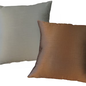 May include: Two decorative throw pillows, one in a light gray color and the other in a brown color. Both pillows have a subtle, textured fabric.