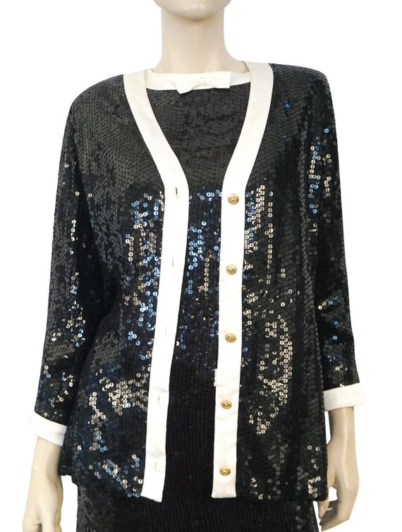 AMEN WARDY Vintage Ivory Satin Trim Black Sequin J