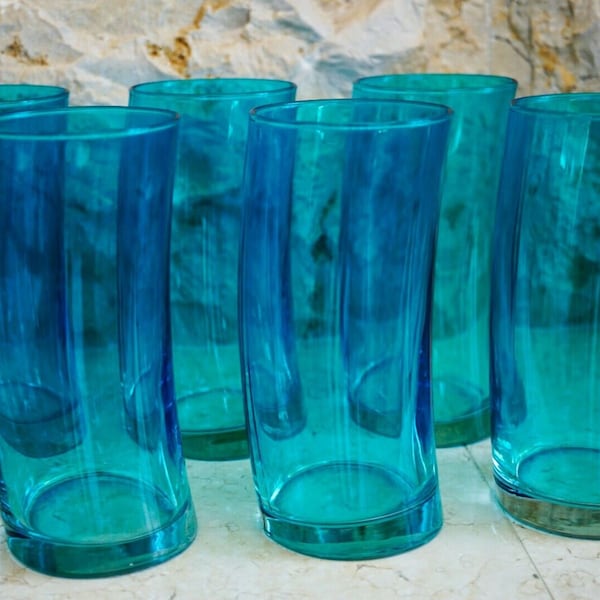 Set of 6 Vintage 12 oz LEONARDO Turquoise Blue Highball Swing Glasses NEW