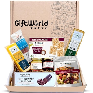 Meat and Cheese Sampler with Salami, Summer Sausage, Crackers, Mustard & Nuts – Gourmet Game Day Snack Set for Men, Dads, Boyfriends